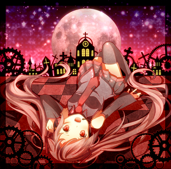 Anime picture 1116x1098 with vocaloid hatsune miku satou (una-vittima) single long hair open mouth red eyes twintails red hair lying checkered floor girl thighhighs detached sleeves necktie building (buildings) moon cross gears