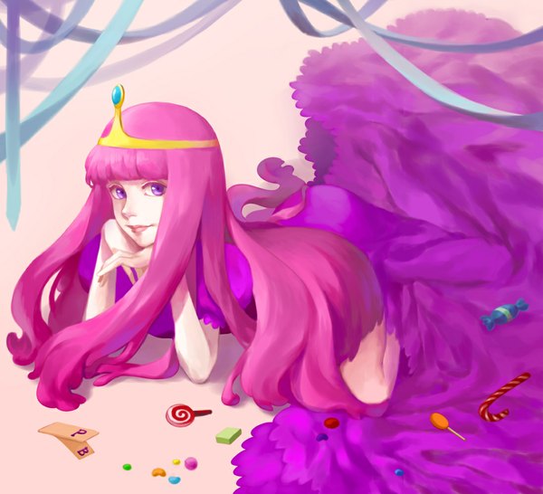 Anime picture 1097x999 with adventure time princess bubblegum (adventure time) email single long hair looking at viewer smile purple eyes pink hair lying lips girl dress ribbon (ribbons) food sweets crown candy lollipop pink dress