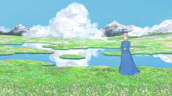 Anime picture 1600x900 with howl's moving castle studio ghibli sophie hatter enola (pixiv) single long hair smile wide image standing brown eyes sky cloud (clouds) braid (braids) light smile grey hair single braid reflection mountain field lake