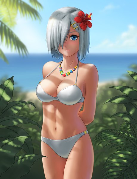 Anime picture 1304x1701 with kantai collection hamakaze destroyer eno ti deng single tall image looking at viewer blush fringe short hair breasts blue eyes light erotic cleavage hair flower grey hair hair over one eye girl navel flower (flowers) swimsuit
