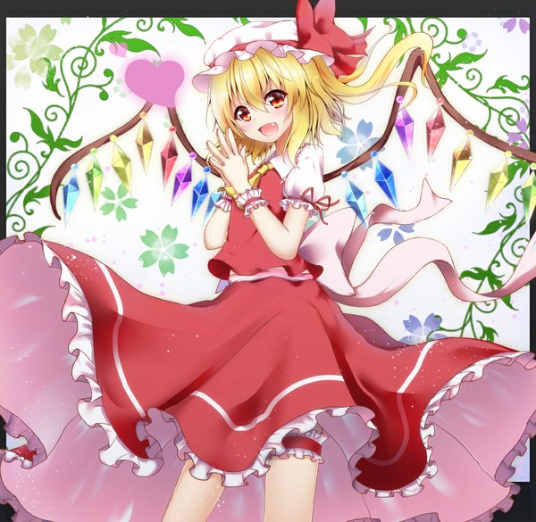 Anime picture 1000x975 with touhou flandre scarlet ymd (holudoun) single blush short hair open mouth blonde hair red eyes teeth fang (fangs) one side up girl skirt wings heart bonnet skirt set crystal