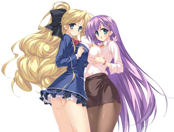 Anime picture 1418x1076 with asa made jugyou chu! kakinozaka ayana patricia benpouin munyuu long hair looking at viewer blush fringe breasts open mouth blue eyes light erotic blonde hair simple background large breasts standing white background multiple girls payot purple hair