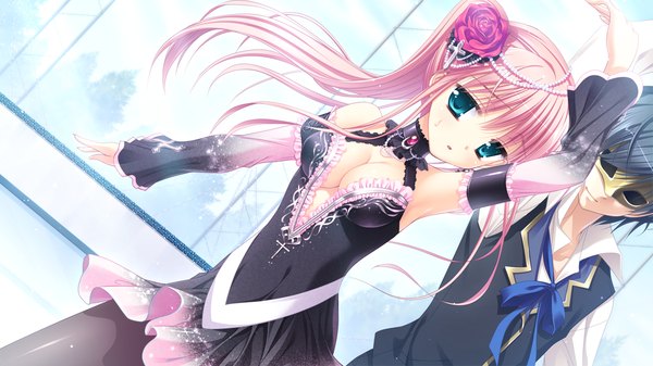 Anime picture 1280x720 with hatsuyuki sakura azuma yoru toranosuke long hair blue eyes wide image pink hair game cg girl dress boy hair ornament detached sleeves jewelry