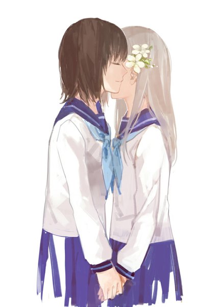 Anime picture 709x1000 with original cotta long hair tall image short hair simple background brown hair white background multiple girls silver hair eyes closed profile hair flower light smile couple holding hands shoujo ai girl skirt uniform