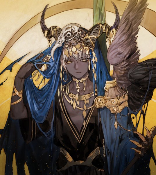 Anime picture 750x838 with original oollnoxlloo single tall image fringe hair between eyes yellow eyes white hair arm up horn (horns) dark skin boy wings cape jewelry skull claws coin (coins)