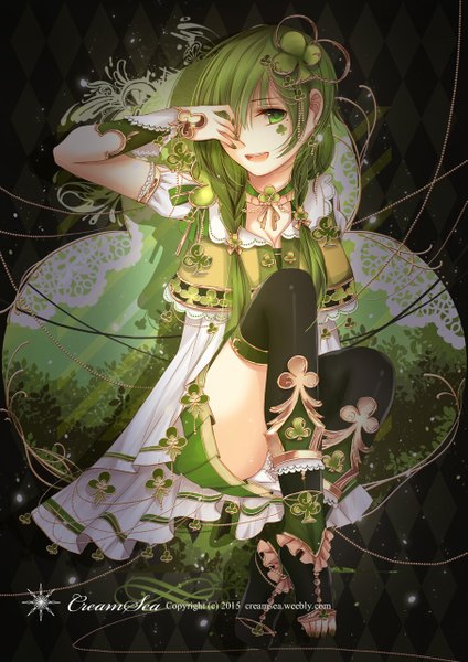 Anime picture 905x1280 with original creamsea single long hair tall image looking at viewer open mouth green eyes green hair girl thighhighs dress hair ornament black thighhighs