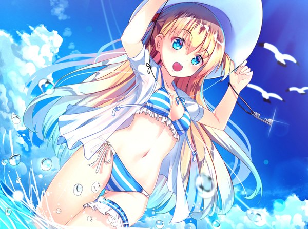 Anime picture 1037x774 with original yan (nicknikg) single long hair looking at viewer blush fringe breasts open mouth blue eyes light erotic blonde hair smile hair between eyes standing sky cloud (clouds) outdoors :d multicolored hair