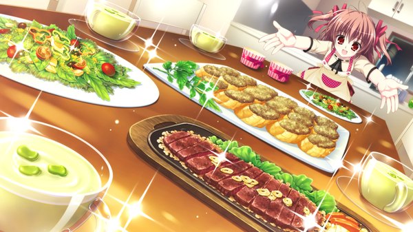 Anime picture 1280x720 with root double toba mashiro short hair open mouth red eyes brown hair wide image twintails game cg short twintails girl ribbon (ribbons) hair ribbon food apron