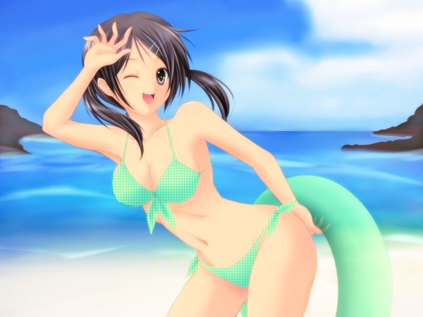 Anime picture 1600x1200 with harukaze tsukushi light erotic black hair twintails one eye closed wink black eyes beach short twintails girl swimsuit bikini