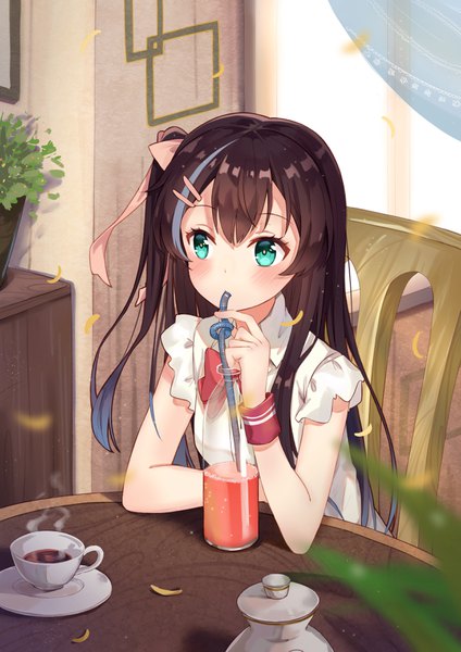 Anime picture 2480x3507 with original yuhuan single long hair tall image blush fringe highres hair between eyes brown hair sitting green eyes looking away indoors multicolored hair two-tone hair streaked hair side ponytail steam cute