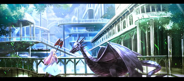 Anime picture 1200x528 with original haru (ryosios) ryosios single long hair blue eyes red eyes wide image white hair heterochromia letterboxed girl dress weapon plant (plants) tree (trees) sundress dragon