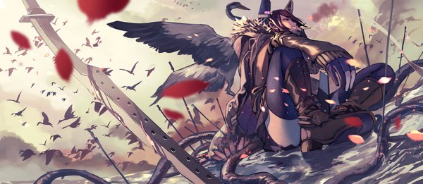Anime picture 2291x1000 with kantai collection tenryuu light cruiser wo-class aircraft carrier fujita (condor) single highres short hair light erotic wide image sitting holding looking away sky purple hair cloud (clouds) full body bent knee (knees) long sleeves profile blurry