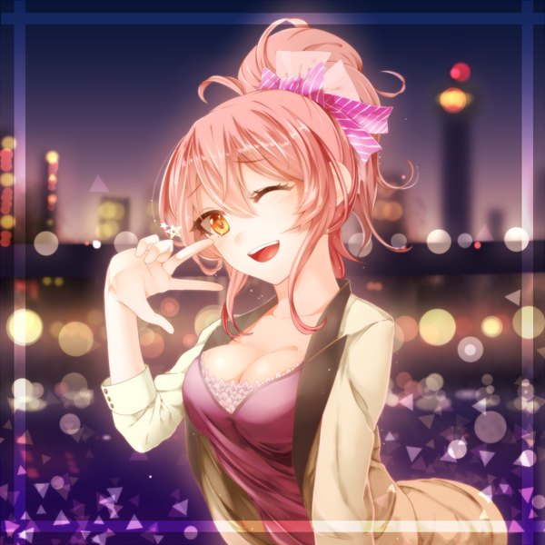 Anime picture 1200x1200 with idolmaster idolmaster cinderella girls jougasaki mika unier single looking at viewer blush breasts open mouth pink hair cleavage one eye closed wink orange eyes girl ribbon (ribbons) hair ribbon