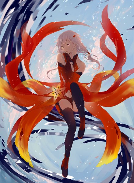 Anime picture 1039x1417 with guilty crown production i.g yuzuriha inori tagme (artist) single long hair tall image looking at viewer blush fringe red eyes twintails pink hair bent knee (knees) bare legs bare belly low twintails center opening girl thighhighs