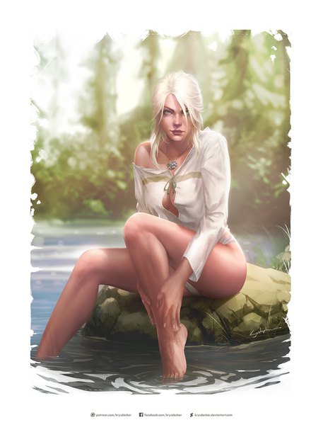 Anime picture 1080x1417 with the witcher the witcher 3 wild hunt ciri krysdecker (krystopher decker) single tall image looking at viewer light erotic sitting green eyes signed bent knee (knees) white hair realistic off shoulder thighs cleavage cutout framed leg hug freckles