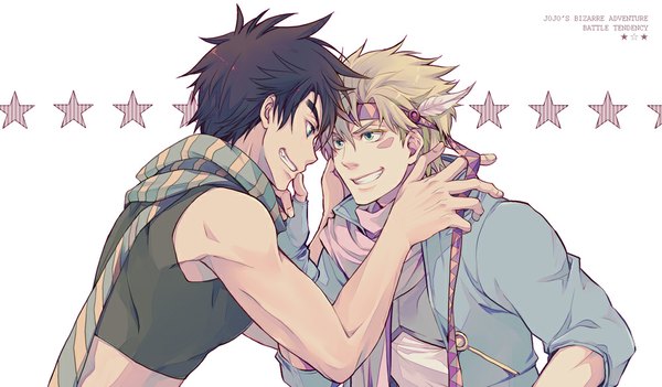 Anime picture 1000x586 with jojo no kimyou na bouken joseph joestar (young) caesar anthonio zeppeli nomoc short hair black hair blonde hair smile wide image white background bare shoulders green eyes multiple boys grin face to face boy hairband scarf star (symbol) 2 boys