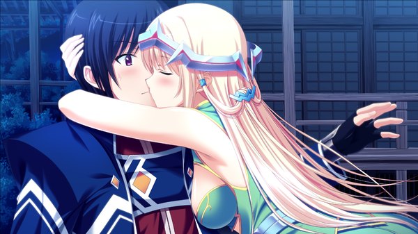 Anime picture 1280x720 with kikouyoku senki gin no toki no corona long hair blush short hair black hair blonde hair wide image purple eyes game cg couple kiss girl boy hair ornament