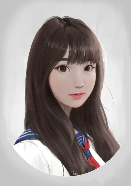 Anime picture 2480x3508 with real life yali zhang jubi (regiana) single long hair tall image looking at viewer fringe highres black hair simple background signed blunt bangs black eyes realistic grey background lipstick portrait pink lipstick girl