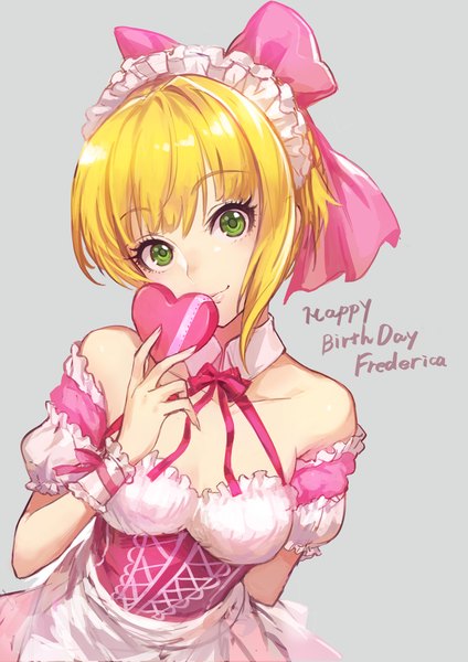 Anime picture 800x1132 with idolmaster idolmaster cinderella girls miyamoto frederica guchico single tall image looking at viewer fringe short hair simple background blonde hair smile bare shoulders green eyes grey background character names happy birthday waitress little devil maid girl