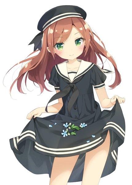 Anime picture 772x1080 with original minazuki sarami kani biimu single long hair tall image looking at viewer blush simple background smile brown hair white background green eyes puffy sleeves girl flower (flowers) petals beret sailor dress