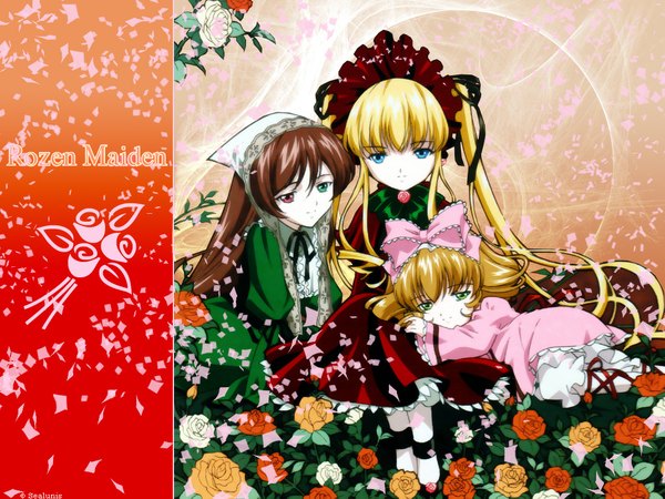 Anime picture 1024x768 with rozen maiden shinku suiseiseki hina ichigo heterochromia