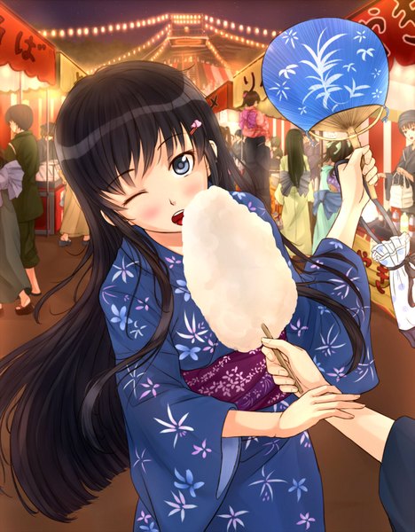 Anime picture 1240x1591 with original kazeno single long hair tall image blush blue eyes black hair japanese clothes one eye closed wink festival girl belt kimono fan cotton candy