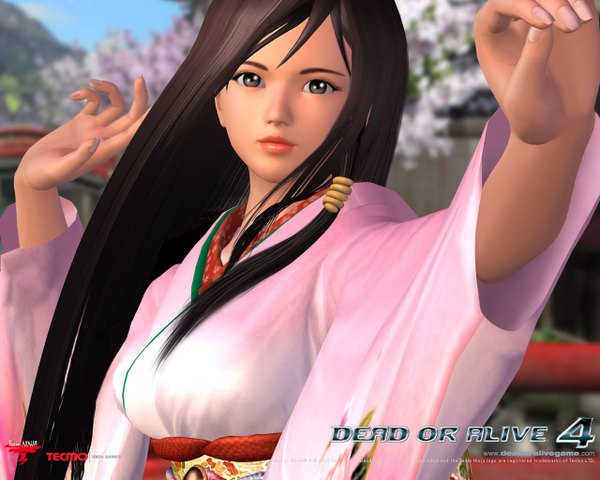 Anime picture 1280x1024 with dead or alive kokoro (doa) single long hair looking at viewer brown hair upper body outdoors traditional clothes japanese clothes realistic wide sleeves depth of field copyright name 3d girl kimono obi