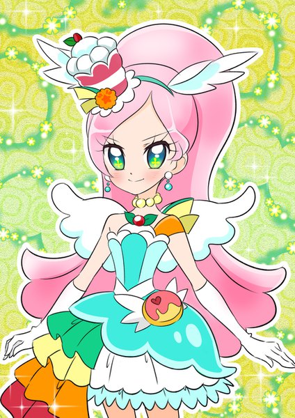 Anime picture 1000x1415 with precure kirakira precure a la mode toei animation kirahoshi ciel cure parfait venuschoarts single long hair tall image looking at viewer standing green eyes pink hair ponytail angel wings head wings girl dress gloves hair ornament