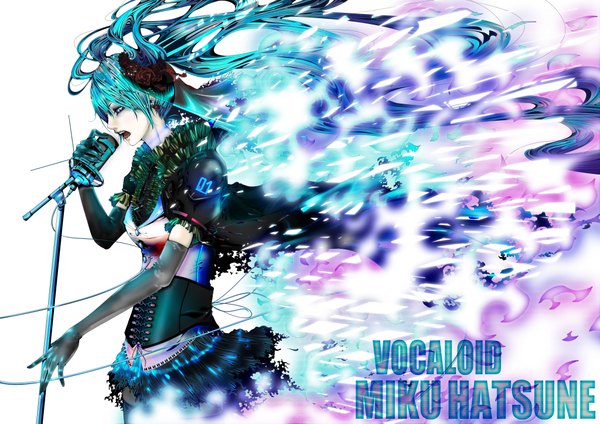 Anime picture 4093x2894 with vocaloid hatsune miku bouno satoshi long hair highres open mouth twintails absurdres profile hair flower aqua hair singing girl skirt gloves hair ornament earrings elbow gloves microphone wire (wires)