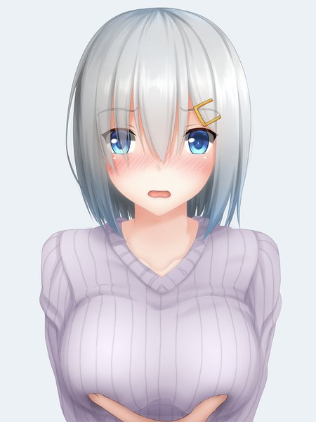 Anime picture 1200x1600 with kantai collection hamakaze destroyer tapisuke single tall image looking at viewer blush fringe short hair breasts open mouth blue eyes silver hair hair over one eye girl hair ornament sweater