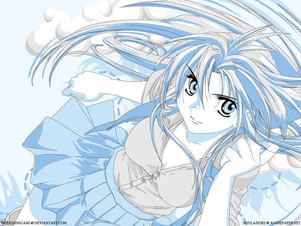 Anime picture 1600x1200 with full metal panic! gonzo chidori kaname tigershinigami (soylatigre) single long hair looking at viewer fringe blue eyes hair between eyes signed blue hair pleated skirt adjusting hair open collar vector girl skirt shirt