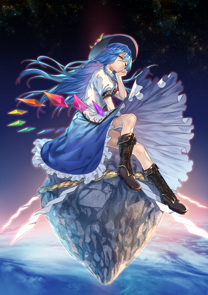 Anime picture 1158x1637 with touhou hinanawi tenshi uu uu zan single long hair tall image fringe hair between eyes red eyes sitting blue hair full body one eye closed wind puffy sleeves space chin rest bored girl hat