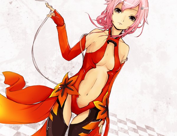 Anime picture 3520x2720 with guilty crown production i.g yuzuriha inori single long hair looking at viewer highres light erotic bare shoulders pink hair absurdres open clothes silver eyes center opening sad girl gloves navel hair ornament detached sleeves