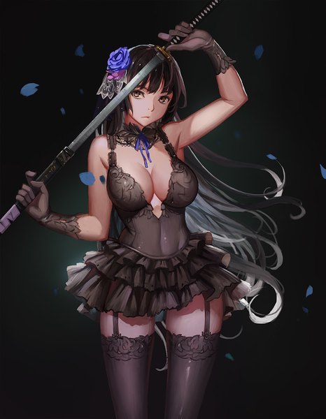 Anime picture 900x1157 with original emp single tall image looking at viewer breasts light erotic black hair brown eyes very long hair hair flower dark background girl thighhighs dress gloves hair ornament flower (flowers) weapon black thighhighs