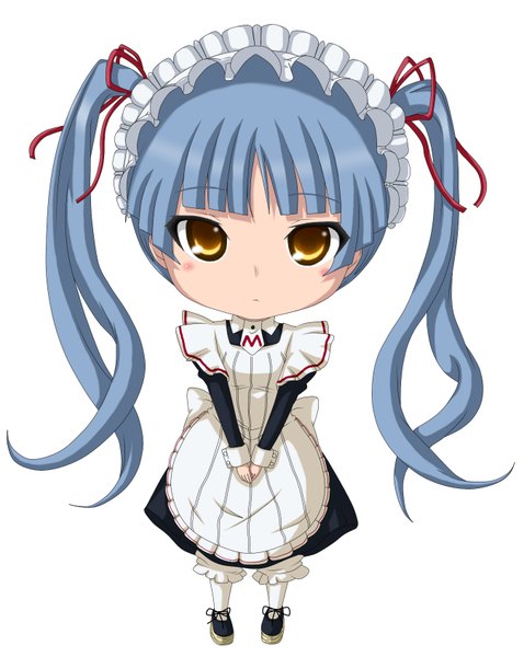 Anime picture 1348x1691 with maria holic shaft (studio) shinouji matsurika kuena single long hair tall image simple background white background twintails yellow eyes blue hair maid chibi girl headdress maid headdress apron