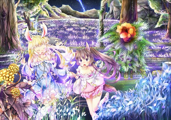 Anime picture 1150x810 with tera online sugiyuu long hair blush open mouth black hair blonde hair smile purple eyes multiple girls animal ears eyes closed animal tail girl dress flower (flowers) 2 girls tree (trees) forest