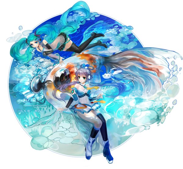 Anime picture 2060x1900 with vocaloid vocaloid china hatsune miku luo tianyi fantchi long hair highres blue eyes twintails multiple girls silver hair very long hair aqua eyes aqua hair girl dress 2 girls detached sleeves animal boots