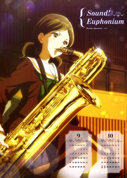 Anime picture 4973x6965 with hibike! euphonium kyoto animation ogasawara haruka long hair tall image highres brown hair yellow eyes absurdres scan calendar 2016 girl uniform school uniform musical instrument calendar saxophone