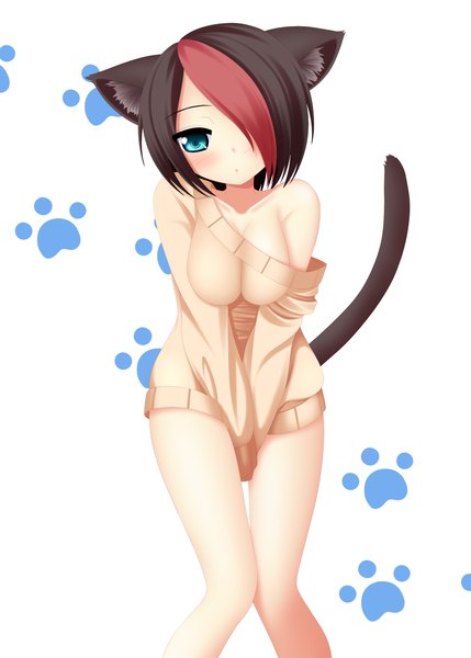 Anime picture 1072x1500 with league of legends fiora (league of legends) yoye (pastel white) single tall image short hair breasts blue eyes light erotic black hair white background bare shoulders animal ears multicolored hair cat ears two-tone hair cat girl cat tail streaked hair girl