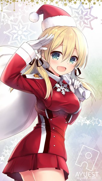 Anime picture 640x1136 with kantai collection prinz eugen (kantai collection) bankoku ayuya single long hair tall image looking at viewer blush fringe open mouth blonde hair hair between eyes twintails aqua eyes alternate costume low twintails christmas salute girl gloves