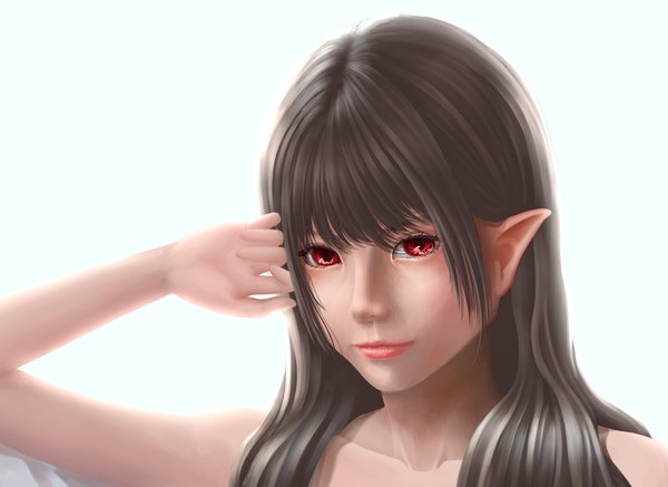 Anime picture 1920x1400 with original lgmt single long hair looking at viewer fringe highres simple background smile red eyes brown hair white background bare shoulders lips pointy ears adjusting hair girl hand