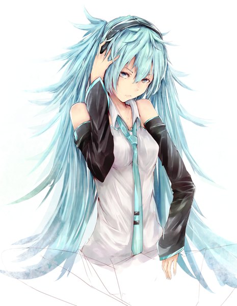Anime picture 964x1245 with vocaloid hatsune miku marumoru single tall image looking at viewer simple background white background bare shoulders very long hair aqua eyes aqua hair girl detached sleeves necktie headphones
