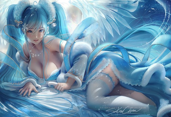 Anime picture 1090x746 with league of legends sona buvelle sakimichan single looking at viewer blush fringe breasts blue eyes light erotic hair between eyes large breasts twintails signed blue hair cleavage ahoge lying very long hair nail polish