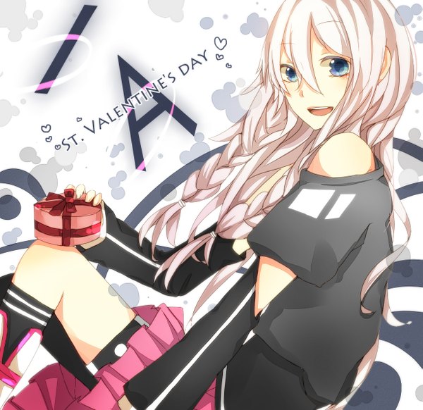Anime picture 1229x1194 with vocaloid ia (vocaloid) hiiro (artist) single long hair open mouth blue eyes blonde hair bare shoulders braid (braids) girl skirt miniskirt gift pink skirt