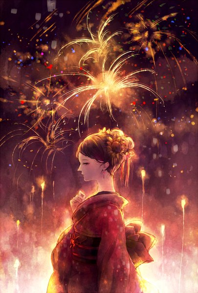 Anime picture 826x1223 with original sanrindou single tall image short hair brown hair traditional clothes japanese clothes profile hair flower black eyes fireworks girl hair ornament flower (flowers) earrings kimono obi yukata sunflower