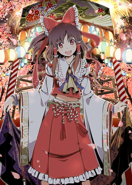 Anime picture 715x1000 with touhou hakurei reimu azuma syoujuan single tall image looking at viewer blush short hair open mouth red eyes traditional clothes miko girl bow hair bow petals bracelet lantern