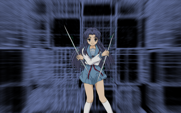 Anime picture 1680x1050 with suzumiya haruhi no yuutsu kyoto animation asakura ryouko blue eyes wide image blue hair girl serafuku
