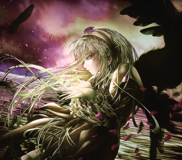 Anime picture 2000x1757 with rozen maiden suigintou auge (akd) long hair highres blonde hair green eyes girl dress petals wings hairband feather (feathers)