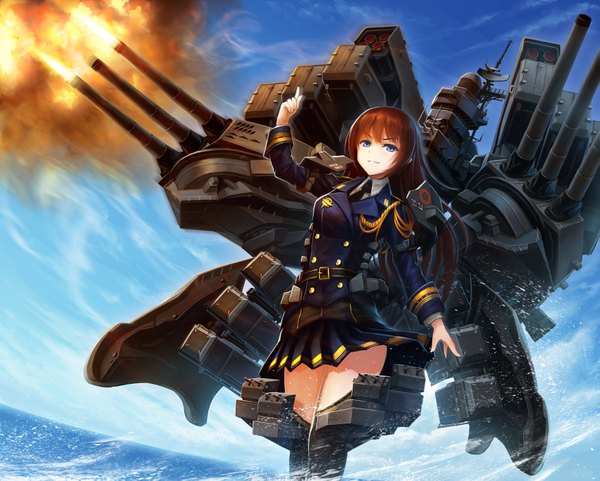 Anime picture 1751x1405 with kantai collection tomu neko single long hair looking at viewer fringe highres blue eyes smile brown hair standing sky cloud (clouds) pleated skirt from below girl skirt uniform weapon necktie