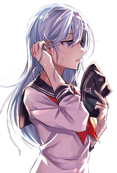 Anime picture 810x1200 with kantai collection hibiki destroyer betti (maron) single long hair tall image fringe simple background hair between eyes white background holding looking away silver hair upper body long sleeves parted lips sweat adjusting hair silver eyes hat removed